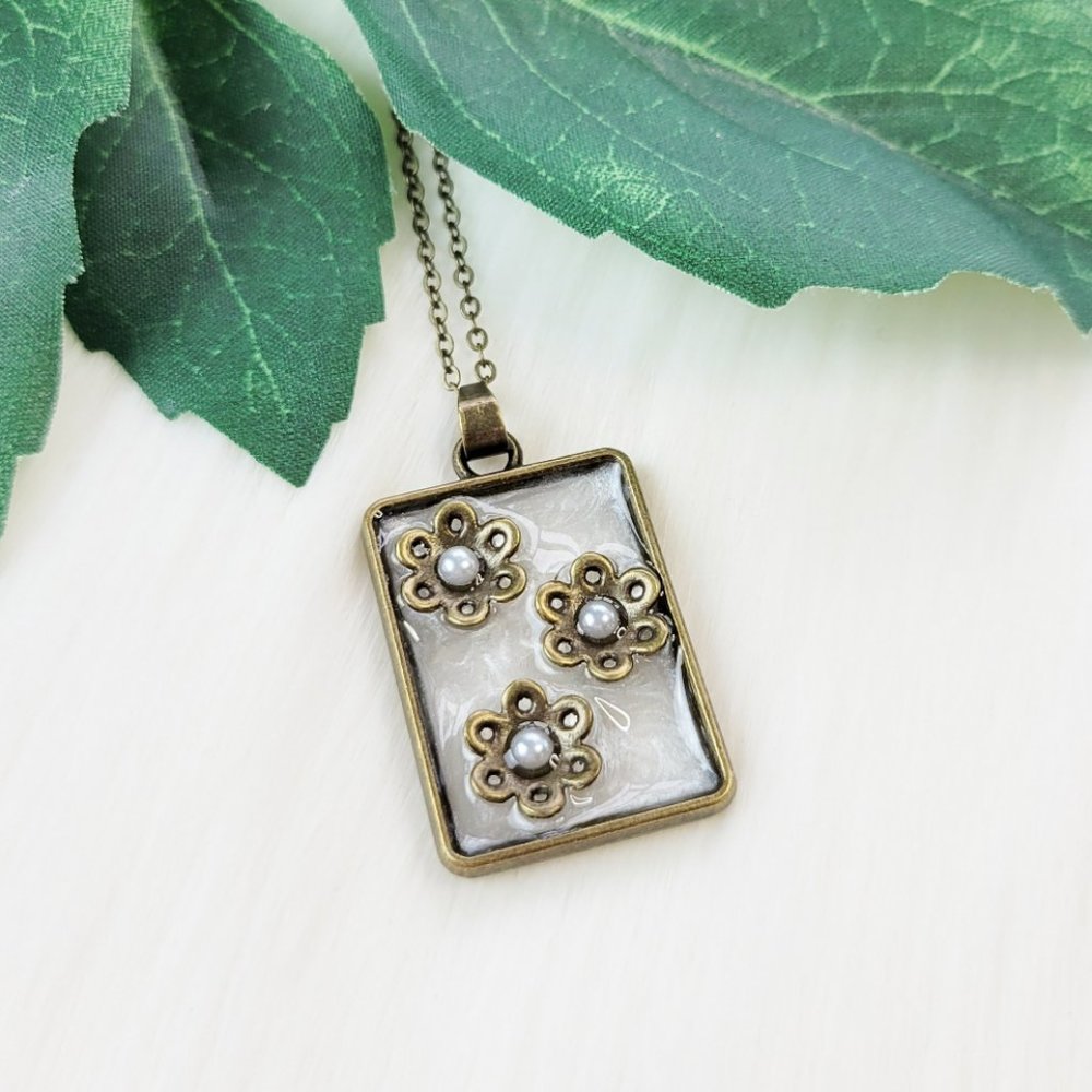 Floral Pendant Necklace Metallic Floral Pearl White and Antiqued Bronze Pendant